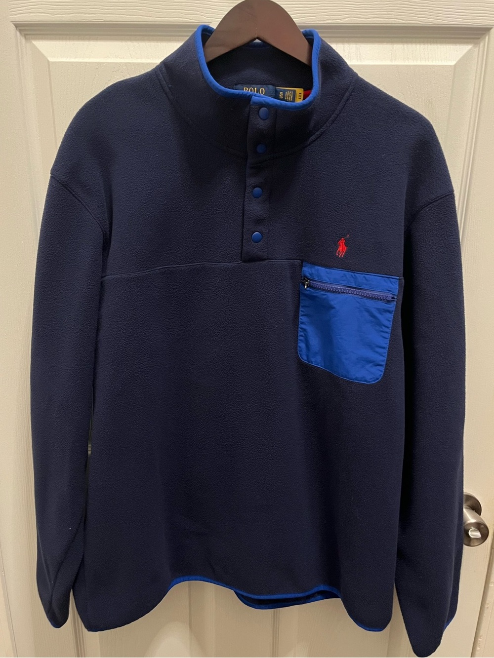 Ralph Lauren Navy Fleece Snap-Neck Pullover with Royal Blue Chest Pocket